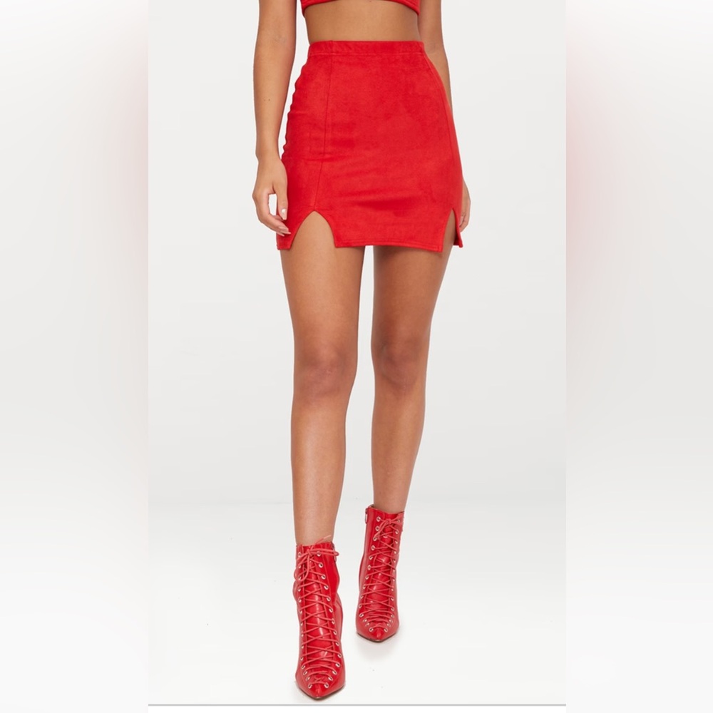 PLT Red Faux Suede Side Split Mini Skirt
